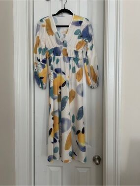 Abstract Print V-Neck Maxi Dress - White with Yellow, Blue & Teal